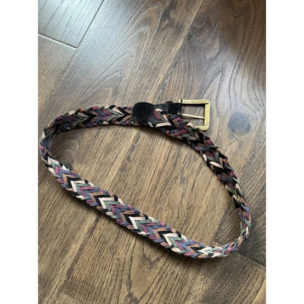 Vintage Braided Suede Leather Belt Multi Color Chevron Woven Brass Buckle ML
